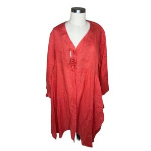HEYDARI Tunic Dress Red 100% Linen Lace-Up Asymmetric Women's Large Lagenlook